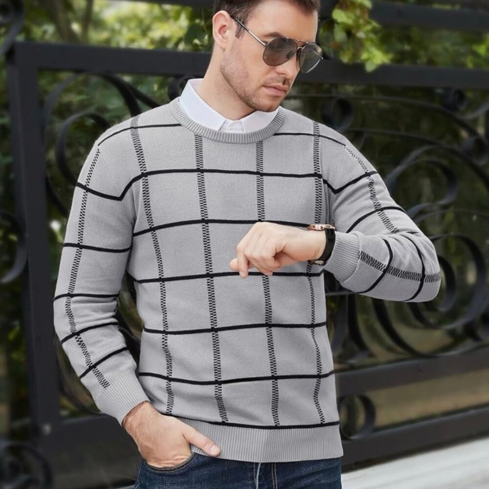 MAGNIVIT Gray Black Plaid Knit Cotton Sweater Men’s Size Large Crewneck Classic